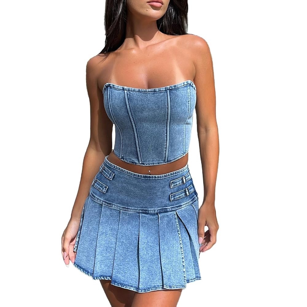 Sexy Denim Mini Skirt Set With Tube Corset Top